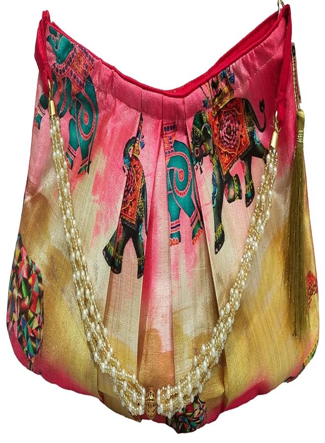 athizay Potli bags wooden handle tassel hanging Solid | Plain | Printed Fabric | Cotton | Polycotton | Jute | jacquard hand carry wristlets pouch bags for women (Multicolor, Elephant Print) - Image 1